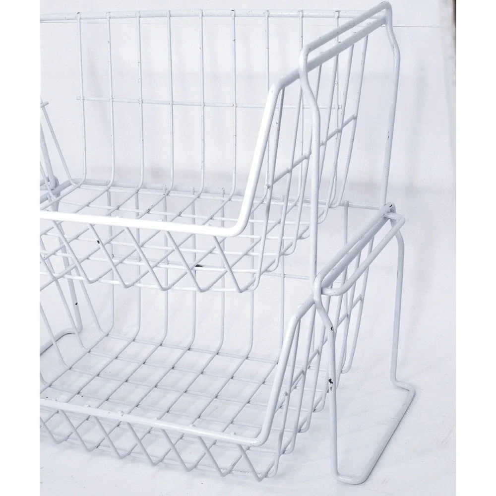 White Wire Stacking Baskets Set 2 Heavy Duty Metal Storage Organizer 18x13x8in